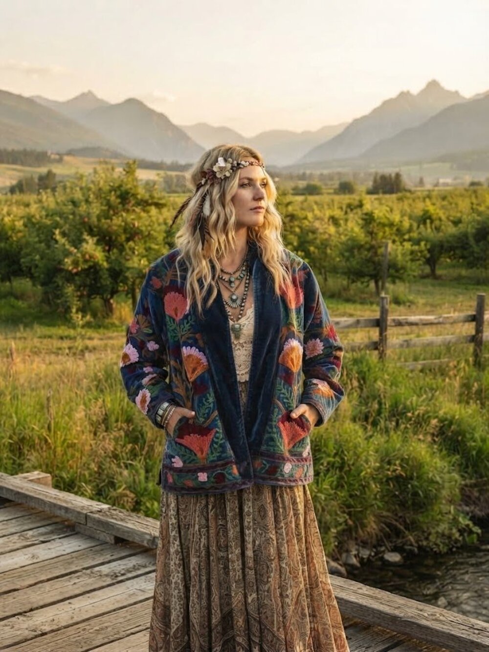 Embroidered Bohemian Floral Blue Velvet Jacket